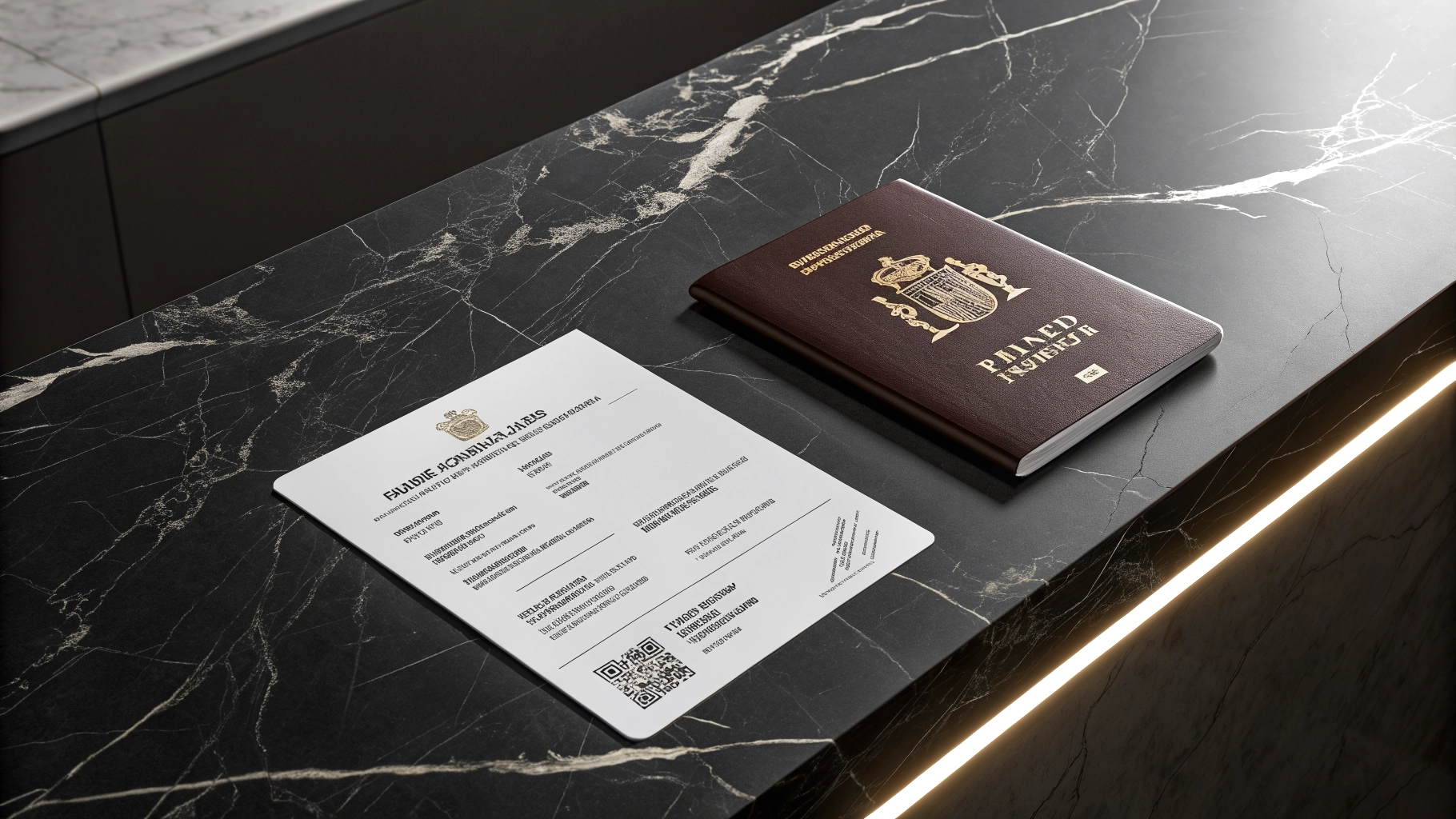 A high-end, photorealistic render of a Spanish residency card and passport on a sleek, dark marble surface.